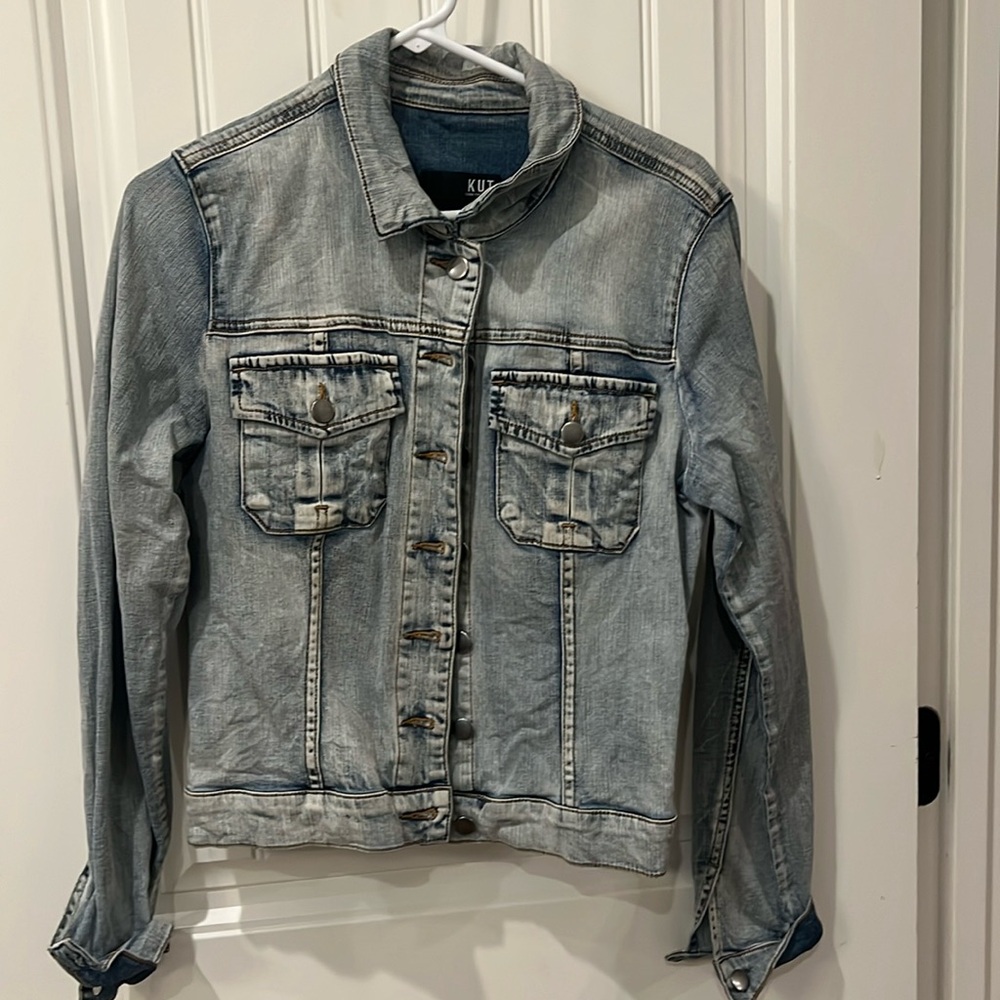 KUT FROM THE KLOTH Amelia Button Up Blue Denim Jean Cropped Jacket Womens Large